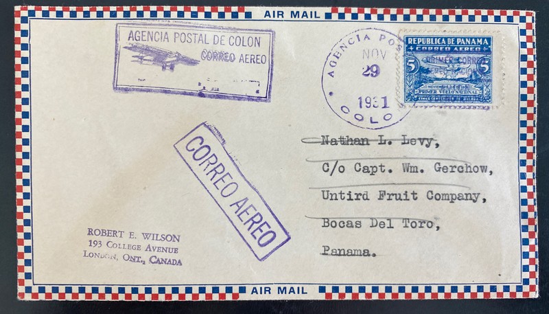 1931 Colon Canal Zone Panama Airmail Cover To United Fruit Comp Boca Del Toro