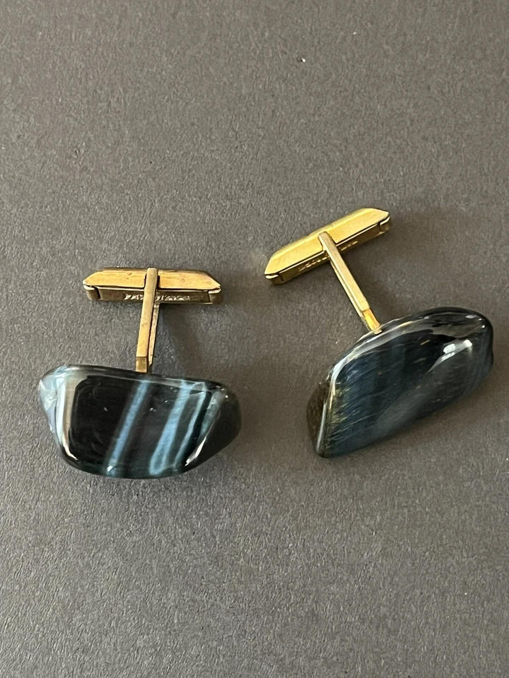 复古中世纪蓝色老虎眼袖扣金色 PAT。 2472958 — 第 3/4 张图片