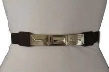 New Women Hip High Waist Brown Elastic Narrow Fashion Belt Gold Metal Buckle S M