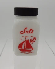 Vintage McKee Milk Glass Red Sailboat Salt Shaker with Lid Roman Arch Art Deco