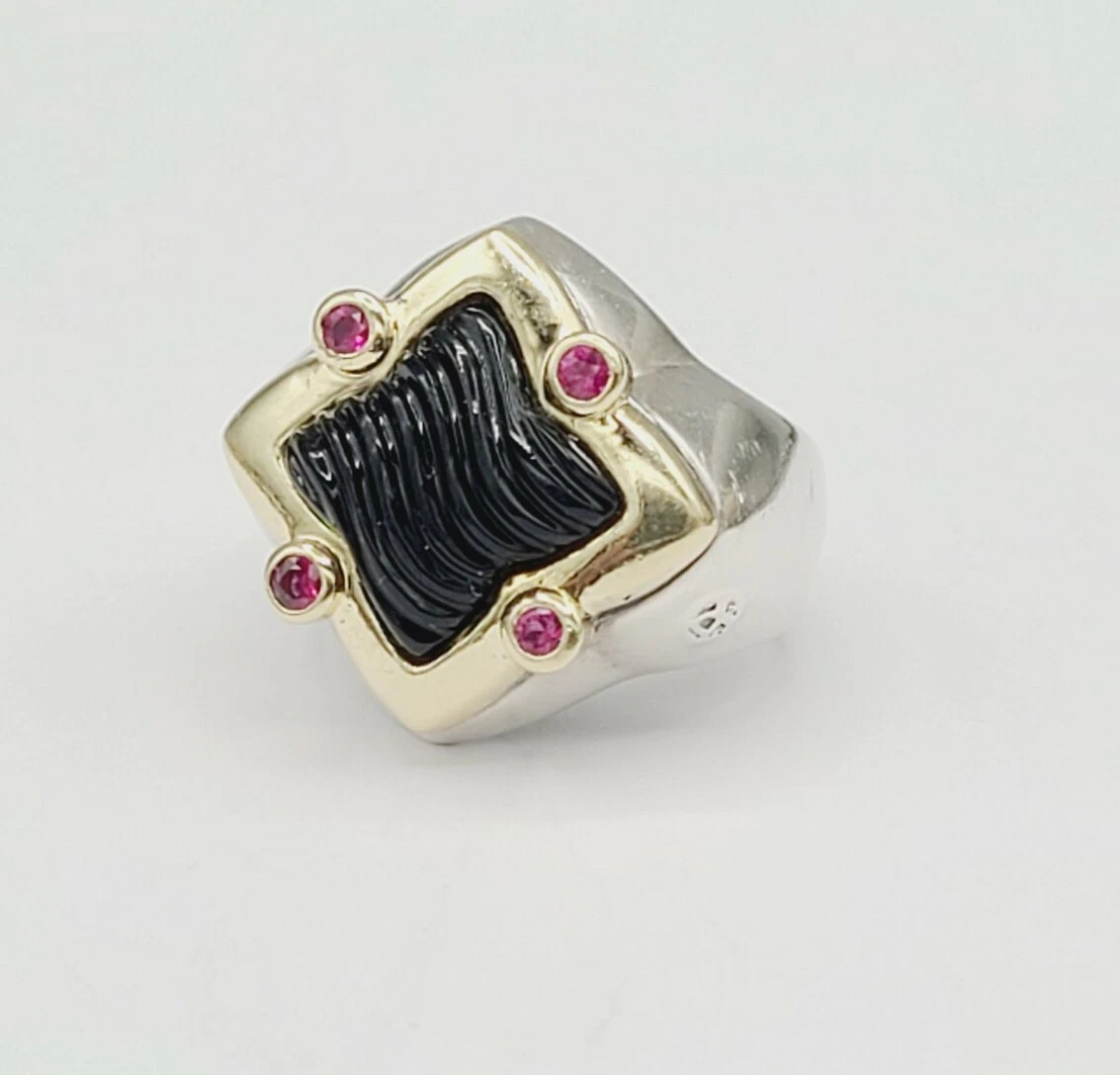 David Yurman Quatrefoil Carved Black Onyx Ruby Ring With Gold eBay