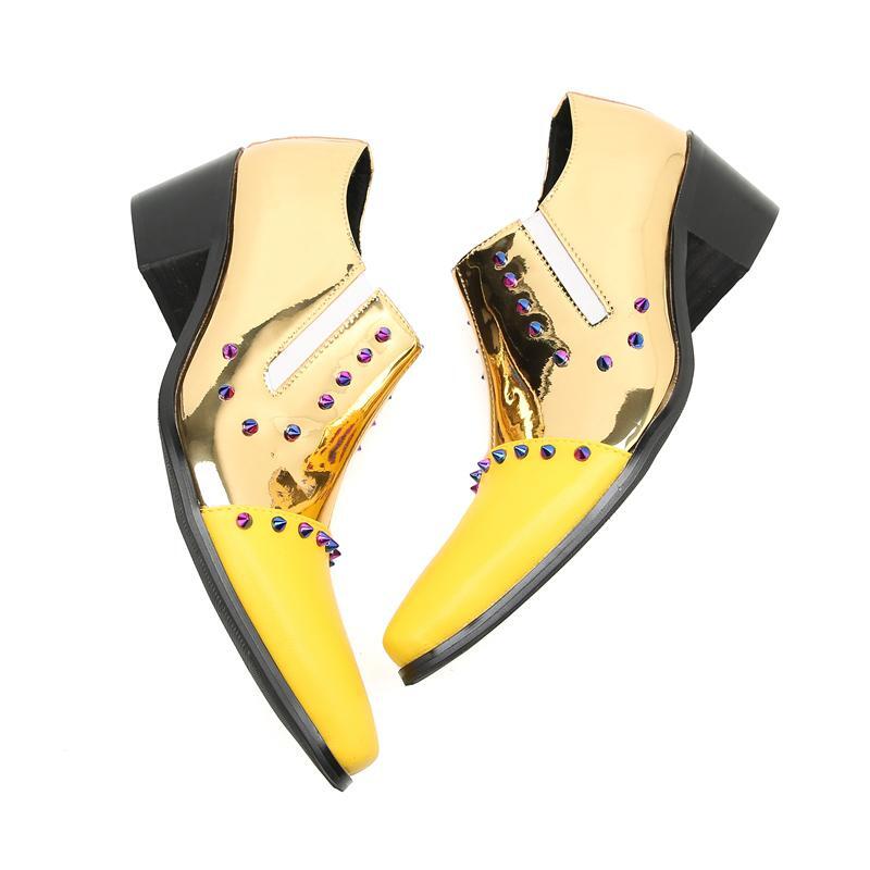 SAOLA Scarpe uomo pelle a punta eleganti business rivetto slip on tacco a blocco giallo nuove