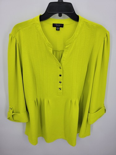 Cocomo Top Womens Plus 2X Bright Yellow Pintuck Peplum 3/4 Sleeve Stretch Knit