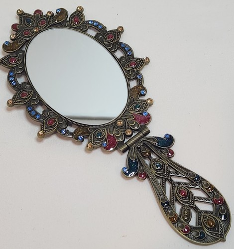 Embellished Enamel Folding Vanity Peacock Design Metal Hand Mirror 9.5" Long - Picture 3 of 10