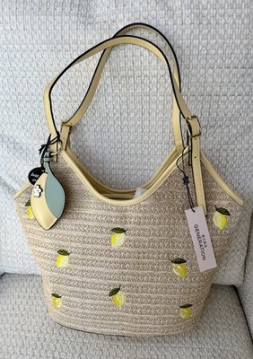 BCBG Generation Lemon Print Beach Tote Woven Bag W Charm NWT