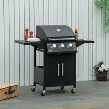 Outdoor 3 Burner Gas Grill Bbq Trolley W Warming Rack Side Shelf Black