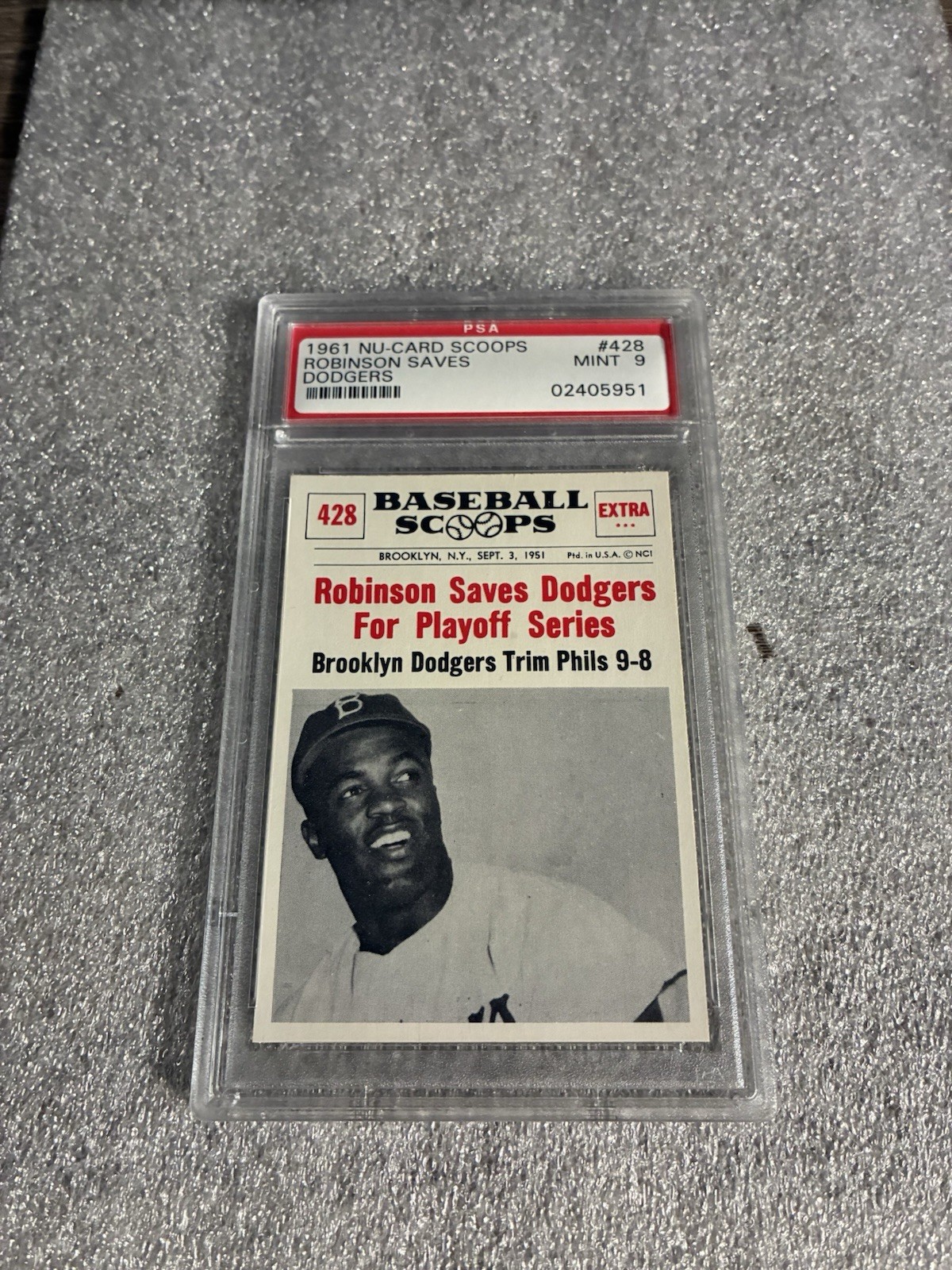 1961 Nu-Cards Scoops #428 PSA 9 Mint Robinson Saves Dodgers For Playoff Series