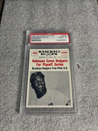 1961 Nu-Cards Scoops #428 PSA 9 Mint Robinson Saves Dodgers For Playoff Series