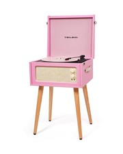 Vintage Standing Pink Vinyl Record Player with Detachable Legs, Built-in 4 Sp...