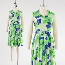 Vintage 60s Floral Lime Green Mod Ruffle Neck Knit Dress with Tie Belt Bow XS S