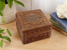 Vintage Hand Carved Wooden Trinket Jewelry Box Floral Folk Art Keepsake Storage