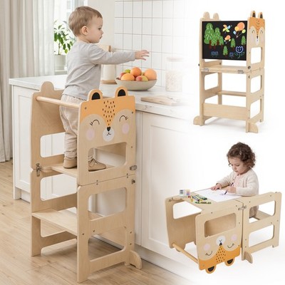 Toddler Kitchen Step Stool, Foldable Standing Tower with Blackboard, Fox Pattern