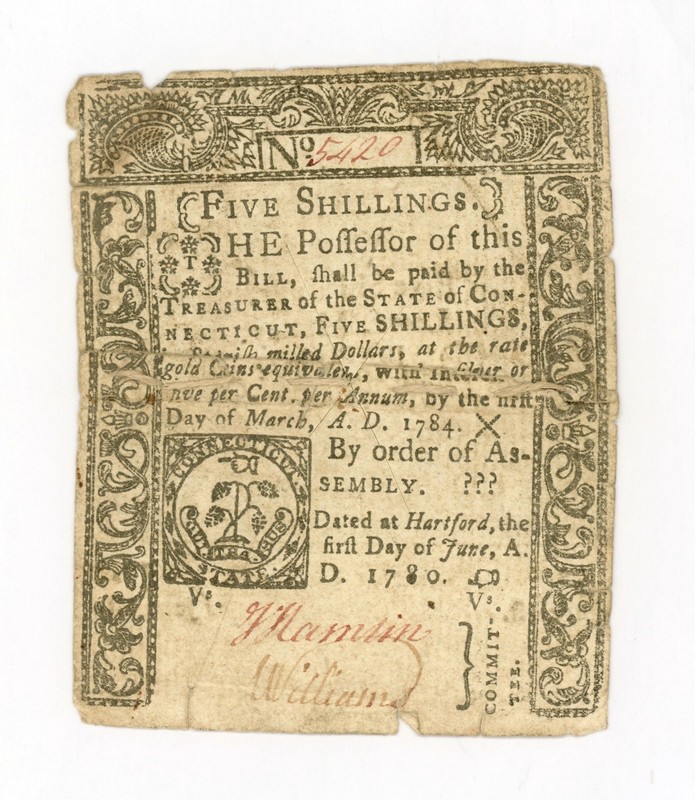 (CT-229) June 1, 1780 5 Shillings CONNECTICUT Colonial Currency Note
