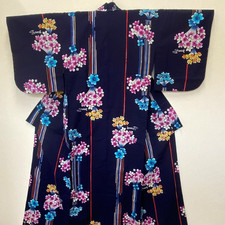 Vintage Japanese Yukata Cotton Kimono Navy Blue Stripe Pink Flower Summer Robe