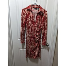Women's Long Sleeve Red and Tan Moda International Dress With Collar Size 4