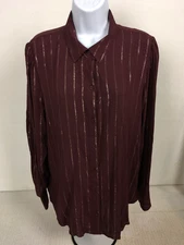 a n a A New Approach Button Up Top Women Size L Burgundy w Thin Gold Stripes
