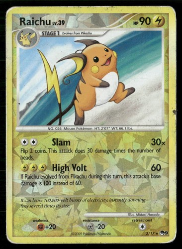 Raichu 3/17 Rare POP Series 9 Pokemon Reverse Holo Damaged