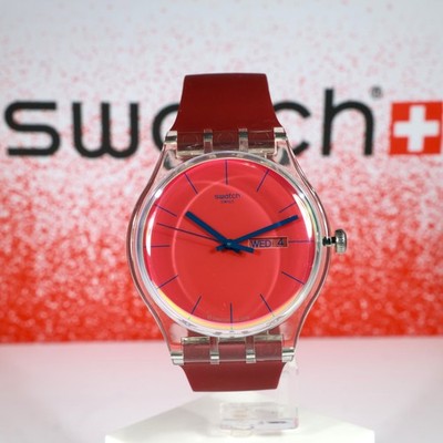 New Swiss Made Swatch POLARED SUOK717 41MM Red Blue Print Gent Polymer Wristwatc