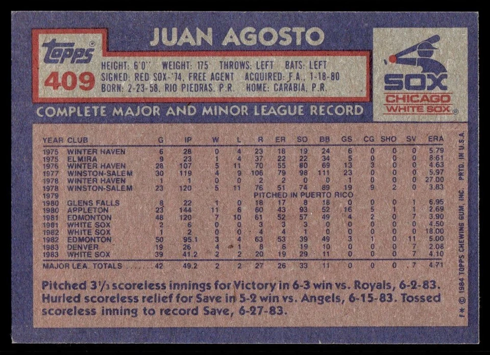 1984 Topps VTG Baseball Rookie Juan Agosto Rookie Chicago White Sox #409 - Image 2 of 2