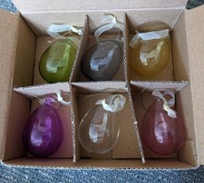 6 Blown Glass Easter Egg Ornaments Colored Translucent Ribbon Loop 2"