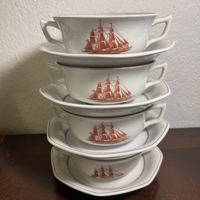 4 WEDGWOOD Porcelain 4.75''  SOUP BOWLS W/under Plate (Flying Cloud Rust)England