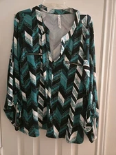 NY Collection Black & Teal Print 3/4 Slv Top Sz 3X FREE SHIPPING