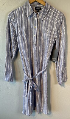 JONES NEW YORK BLUE WHITE STRIPED LINEN  BELTED SHIRT  DRESS SIZE 4 NEW WITH TAG