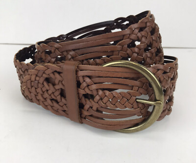 Fossil Belt Women\'s M Brown Leather Woven Classic Pin Buckle Waist Size Medium Fossil Brown Woven Braided Leather Belt Womens Size Medium  main image 4