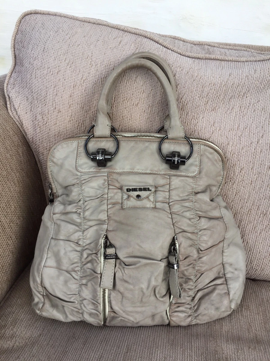 Diesel grey taupe beige tote soft slouchy faux leather designer handbag ruched