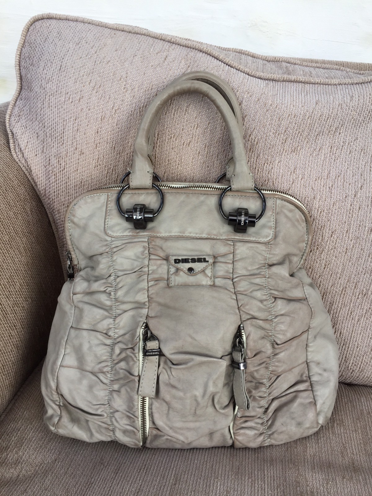 Diesel grey taupe beige tote soft slouchy faux leather designer handbag  ruched | eBay