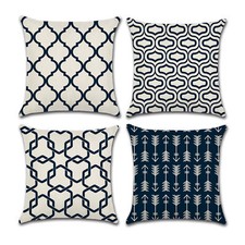 Set of 4 Pillow Covers 18x18 Modern Geometric Pattern Style Cotton Linen Fabric