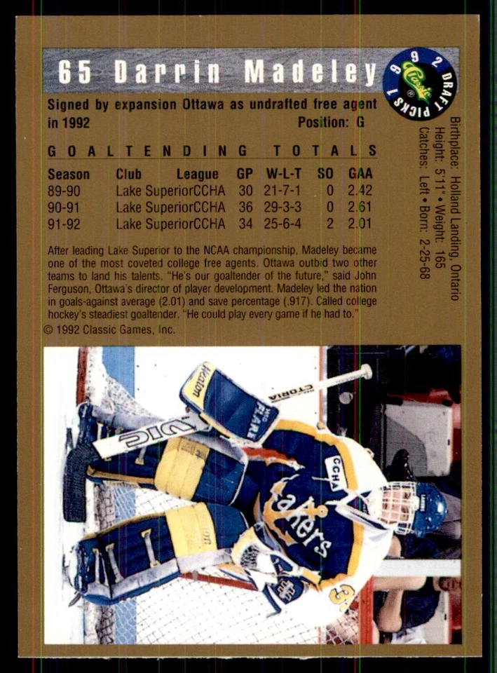 1992-93 Classic Draft Picks Darrin Madeley Lake Superior State Lakers #65 - Image 2 of 2