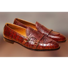 HANDMADE MENS ALLIGATOR OXFORD DOUBLE MONK BROWN DRESS SHOES PARTY SHOES