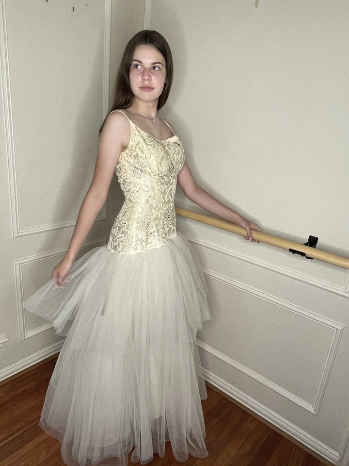 Винтажный 60-х современный Couture мяч платье S слоновой кости со стразами бисером тюль принцесса - Изображение 2 из 4