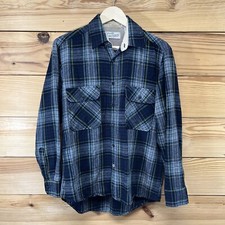 Vintage Sears Mens Shirt Medium Button Down Blue Green Plaid LS Wool Blend B147