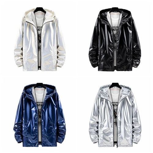 Herren glänzende Jacke Kapuze Mantel holografisch Harajuku Mode Top Freizeit - Bild 4 von 23
