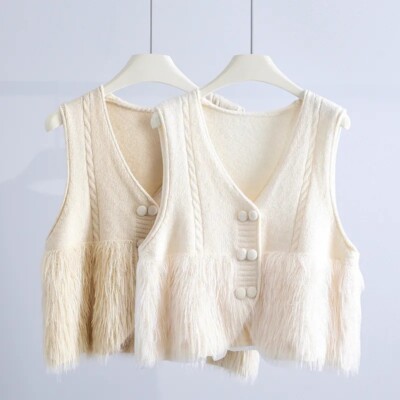 Damen Gestrickt Weste V-Ausschnitt Ärmellos Strickjacke Kunstpelz Weste  Tank Top