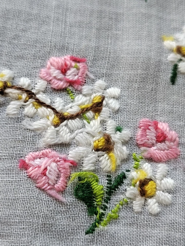 Heirloom Hand-Embroidered Madeira Floral Wedding Handkerchief Pink, White - Image 2 of 4