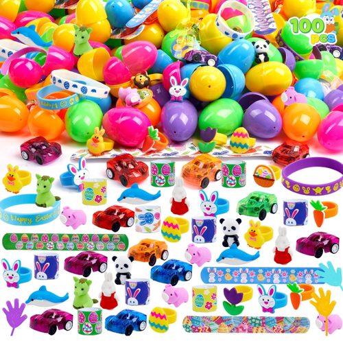 100 Pcs Prefilled Easter Eggs With Assorted Toys Plus Stickers Inside, Gift Idea