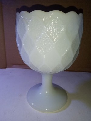White Milk Glass Diamond Pattern Pedestal Compote Bowl Pressed Glass Cup