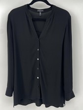 Eileen Fisher Blouse Womens Petite Large Black Silk Tunic V Neck Button Top