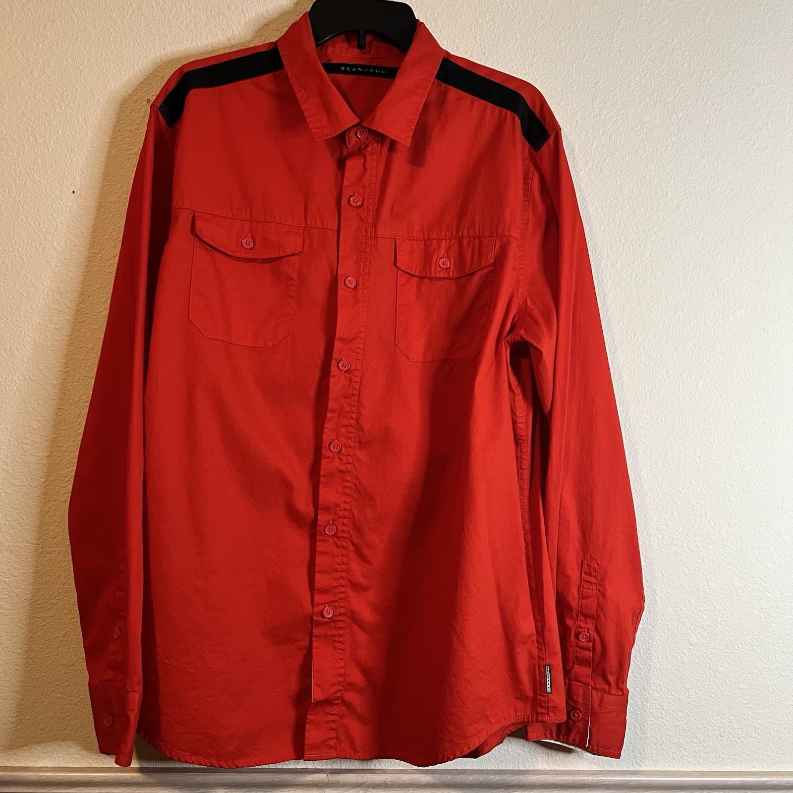 Sean John Red Button-Up Shirt Men's 2XL Long Sleeve Cotton Black