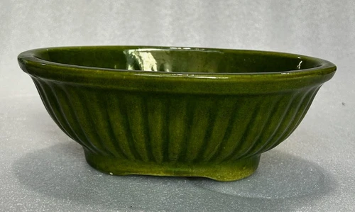 Vintage Haeger Olive Green Oval Ceramic Footed Planter Ribbed Design No. 3938