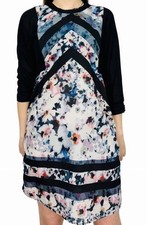 Zara White Pink Black Floral Chevron 3/4 Sleeve Jersey Shift Dress Size Small