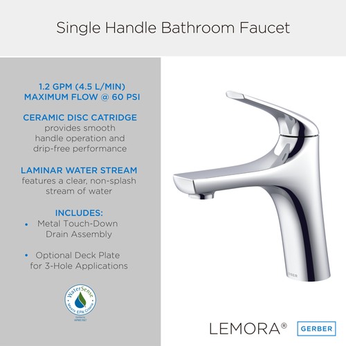 Gerber D225034 Lemora 1.2 GPM 1 Hole Bathroom Faucet - Chrome - Picture 6 of 10