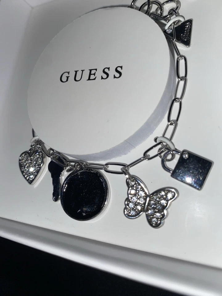 Guess браслет женщин серебристого тона логотип сердце со стразами замок ключ подвески 7 дюймов - Изображение 4 из 4