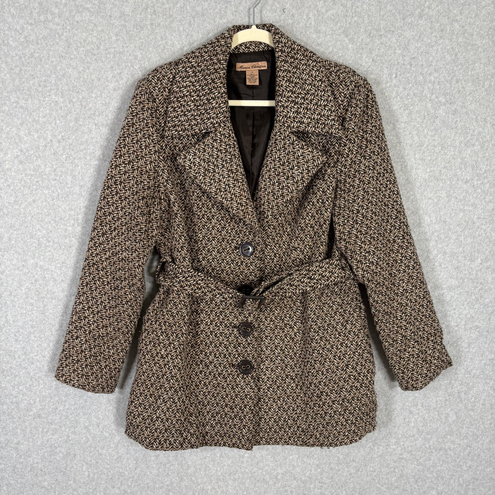 Marisa Christina Pea Coat Jacket Medium Chocolate Cream Wool Tweed Dark Academia