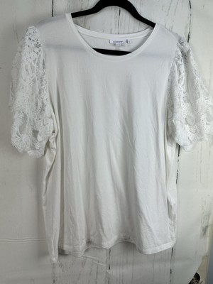 Chico's (XL) White Layered lace Short Sleeve Cotton Blend Blouse Top 