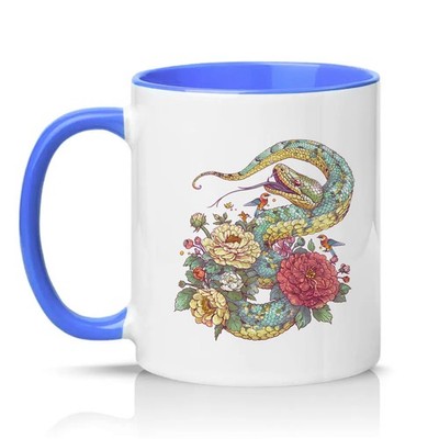 Schlange und Pfingstrosen Unisex 11 Unzen Keramiktasse Blumen Reptil Kunst Geschenk für Sie & Ihn