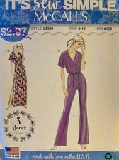 McCalls L9505 Mock Wrap Jumpsuit with Flared Leg or Dress Sz 6-18 Sewing Pattern